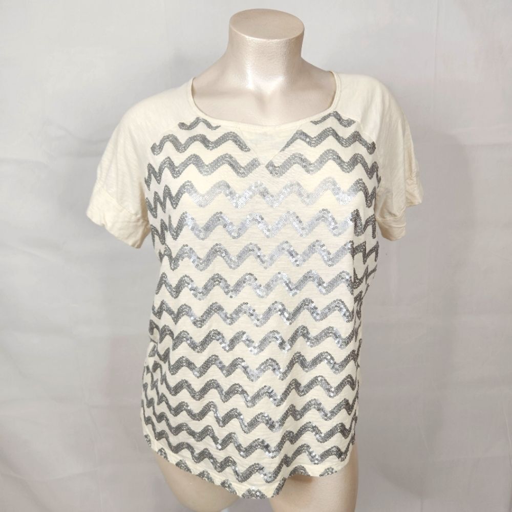 3/$25 Woman Within Off White Short Sleeve Silver Sequin Chevron Top Sz 1X